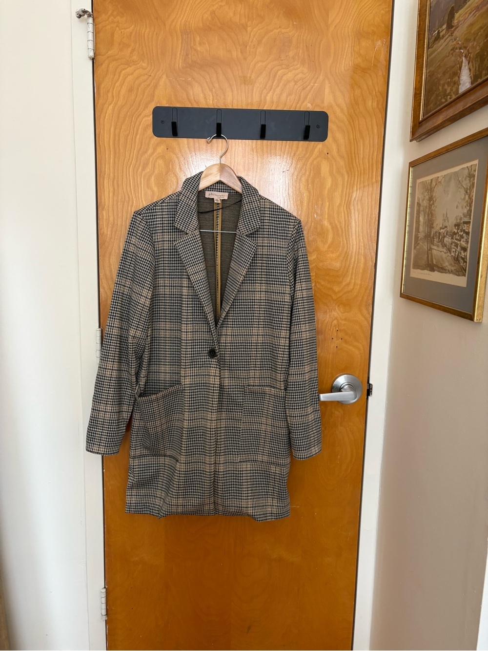 Philosophy Plaid Long Single-Button Blazer in Brown and Black